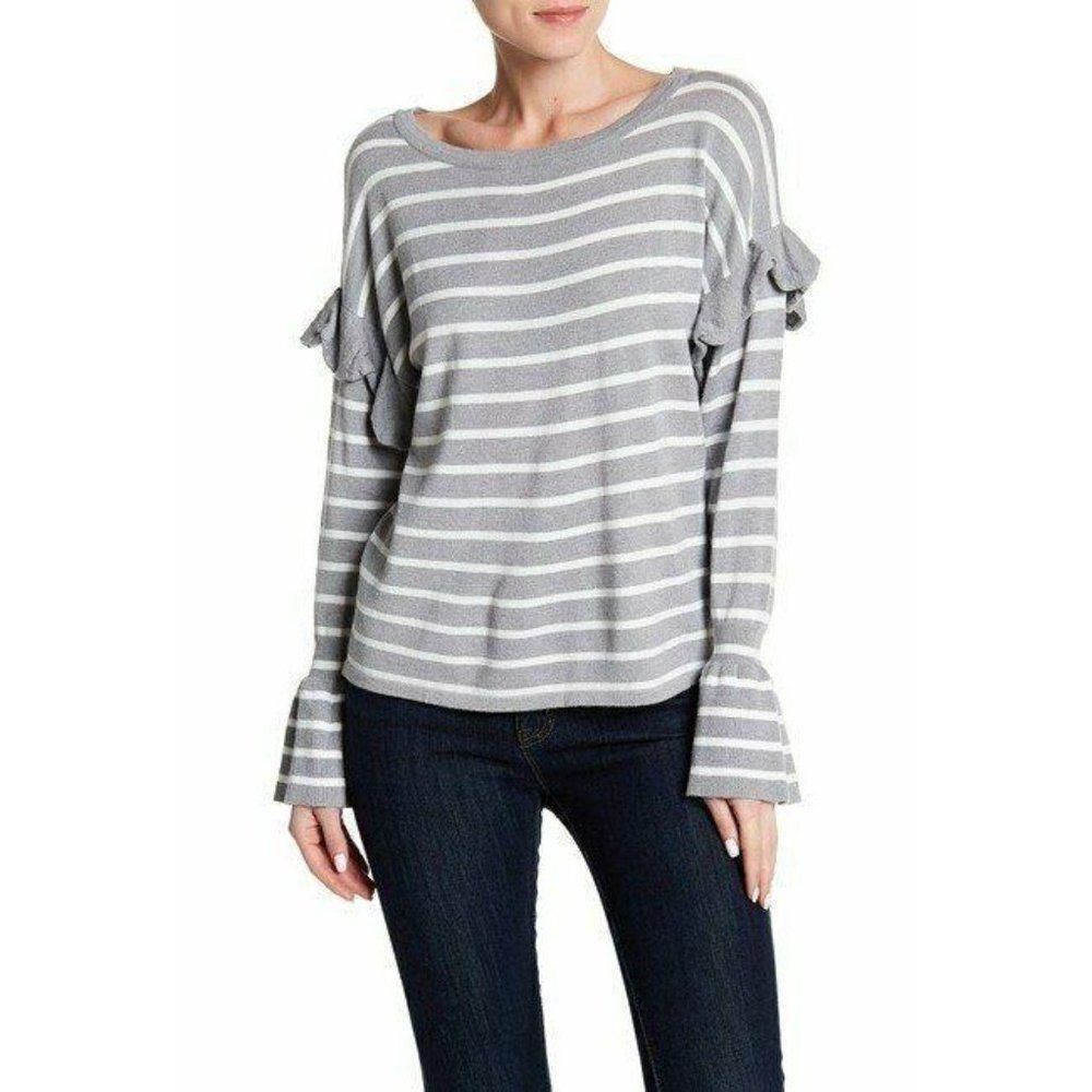 Olivia Sky Sweater Top Women's‎ Large Gray Striped Ruffle Bell Sleeves